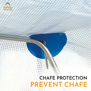 Chafe protection tape installed under tarpaulin to prevent rubbing against stainless boat frame.