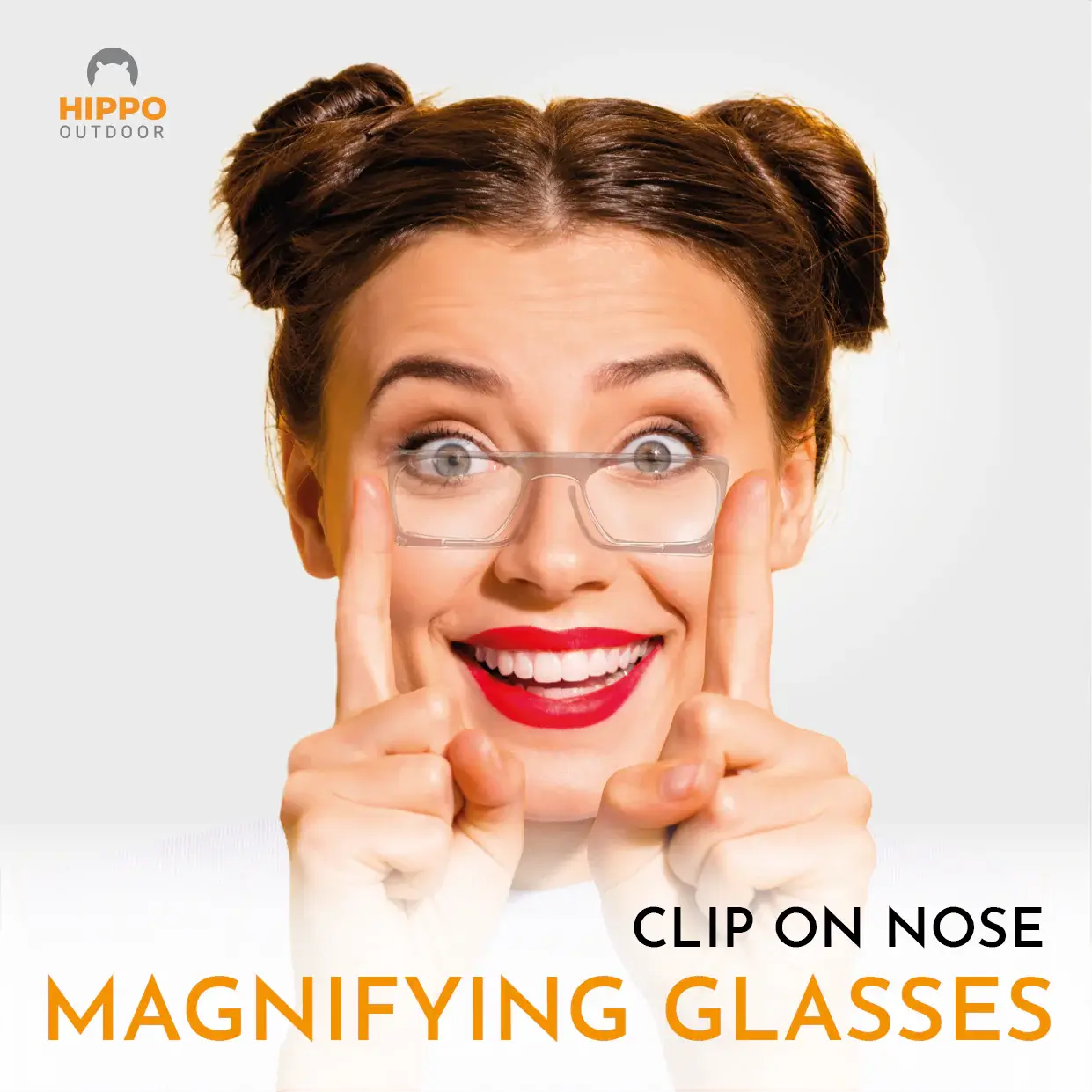 Woman using clip-on nose thin-optic magnifying glasses designed for threading needles and detailed sewing tasks