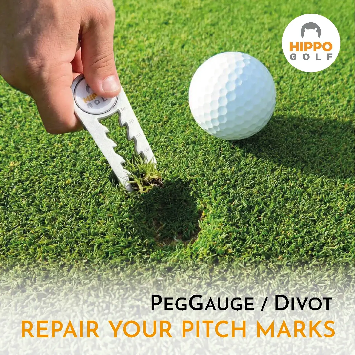 Divot repair tool repairing pitch mark on the green – PegGauge by Hippo Golf 8105-03