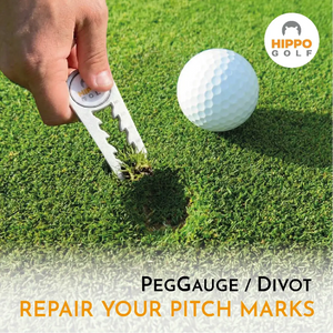 Divot repair tool repairing pitch mark on the green – PegGauge by Hippo Golf 8105-03