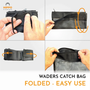 Step-by-step folding instructions for waders catch bag – compact and easy-to-use fly fishing net bag.