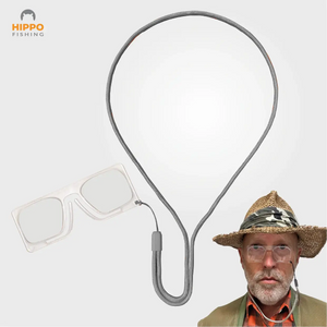 Fly fishing magnifier with grey lanyard 8279 shown on angler, hands-free magnifying glasses for tying small flies.