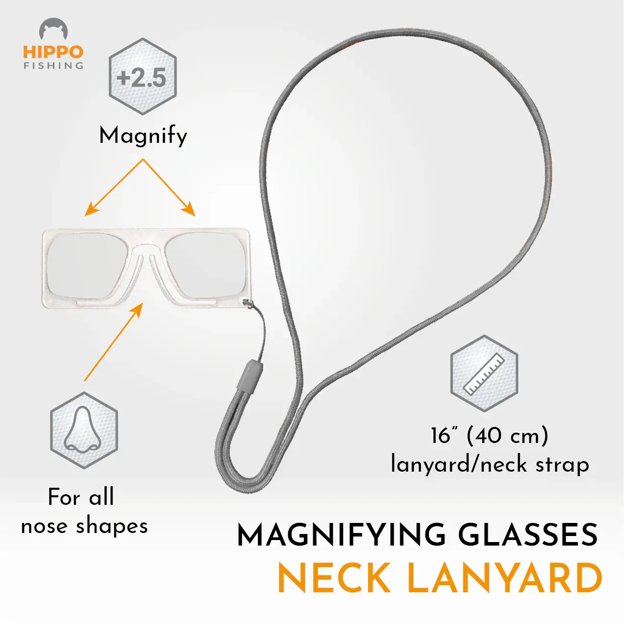Infographic showing features of fly fishing magnifier with grey lanyard 8279 for tying small flies.