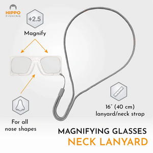 Infographic showing features of fly fishing magnifier with grey lanyard 8279 for tying small flies.