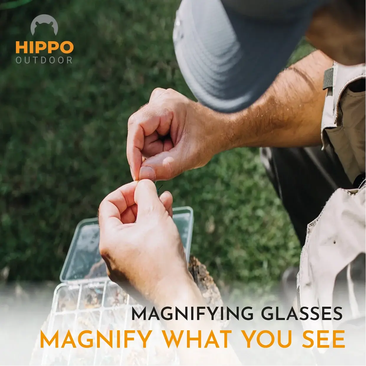 Angler tying a fly close-up using the 8270 quick-release fly fishing magnifier