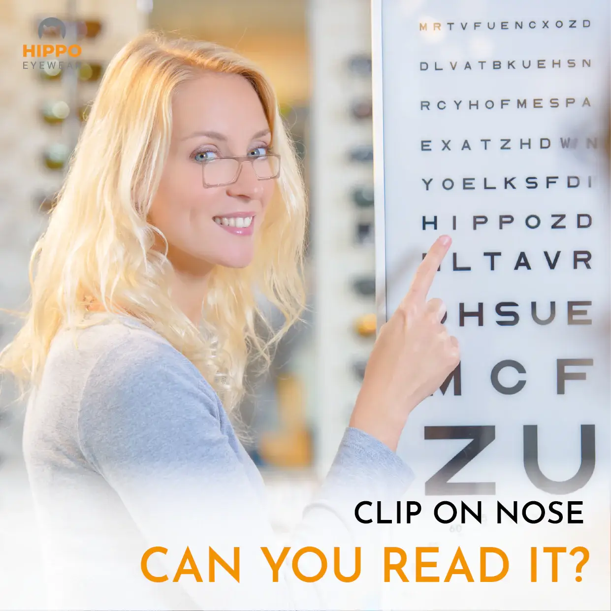 Woman using frameless pocket reading glasses to read an eye chart, compact thin-optic reading aid.