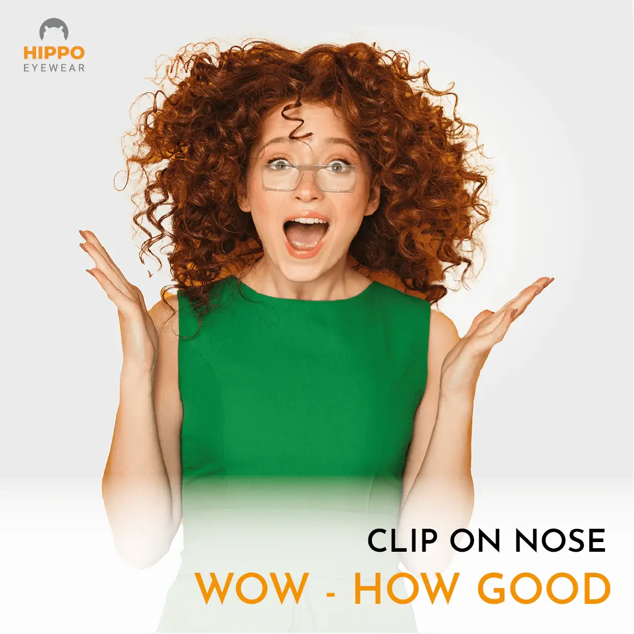 Woman using frameless pocket reading glasses showing amazed reaction, thin-optic compact reading solution.