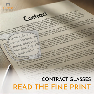 Frameless pocket reading glasses magnifying fine print on a contract, ideal thin-optic reader for details.