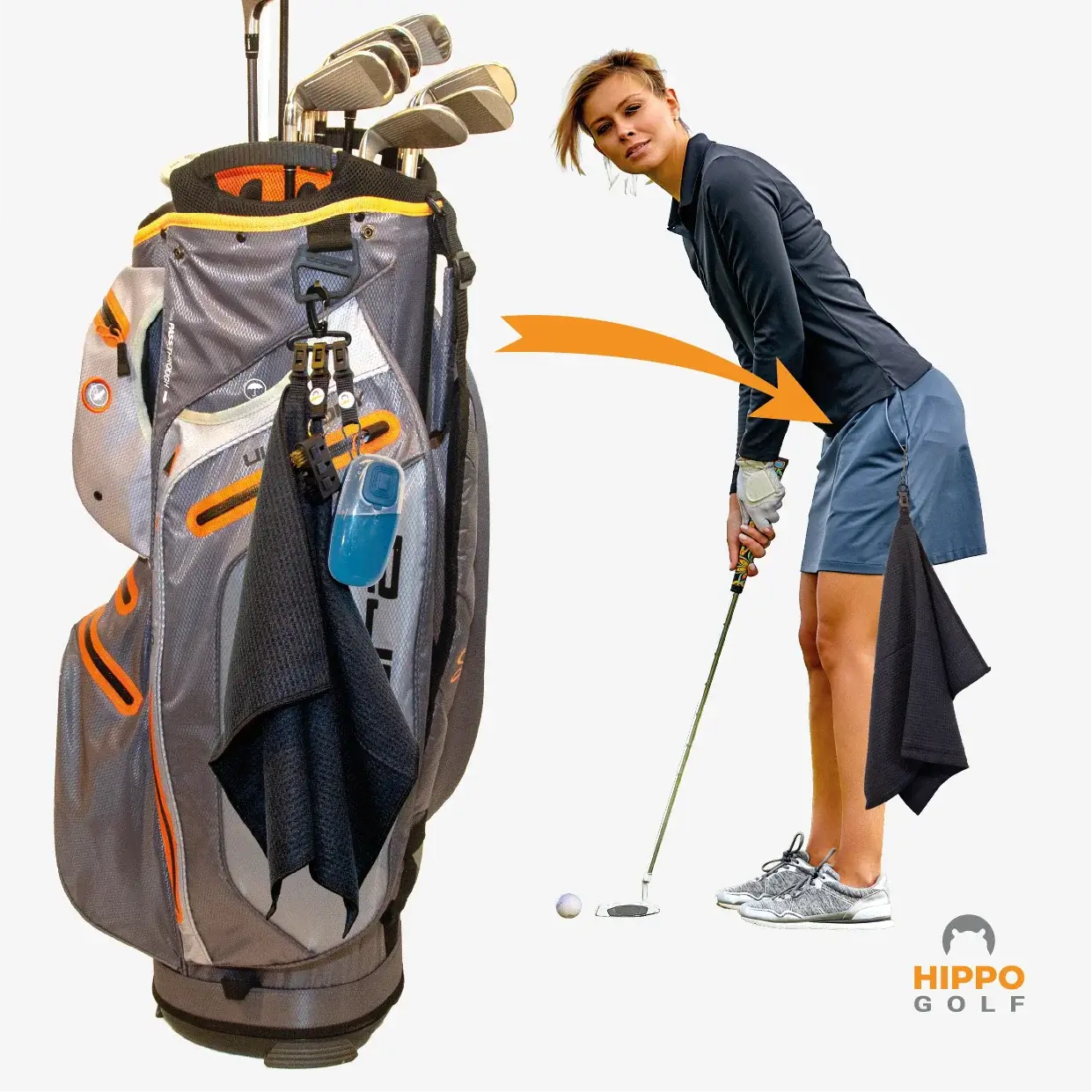 Golf bag clip system with towel and water brush attached for easy access during play – 8164-03