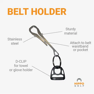 Infographic showing Hippo Golf belt holder with quick access clip system for golf accessories 8172-02