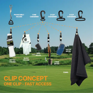 Golf clip concept showing one belt holder used for towel, glove, brush and accessories on a golf bag 8172-01