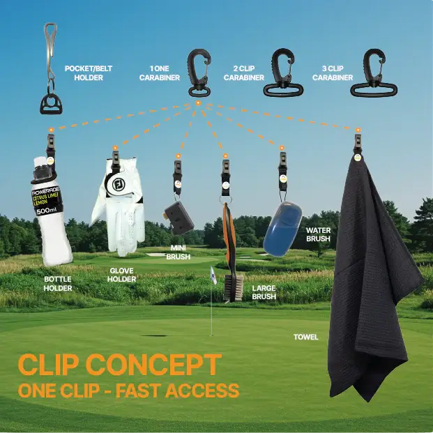 Golf clip concept showing one belt holder used for towel, glove, brush and accessories on a golf bag 8172-01