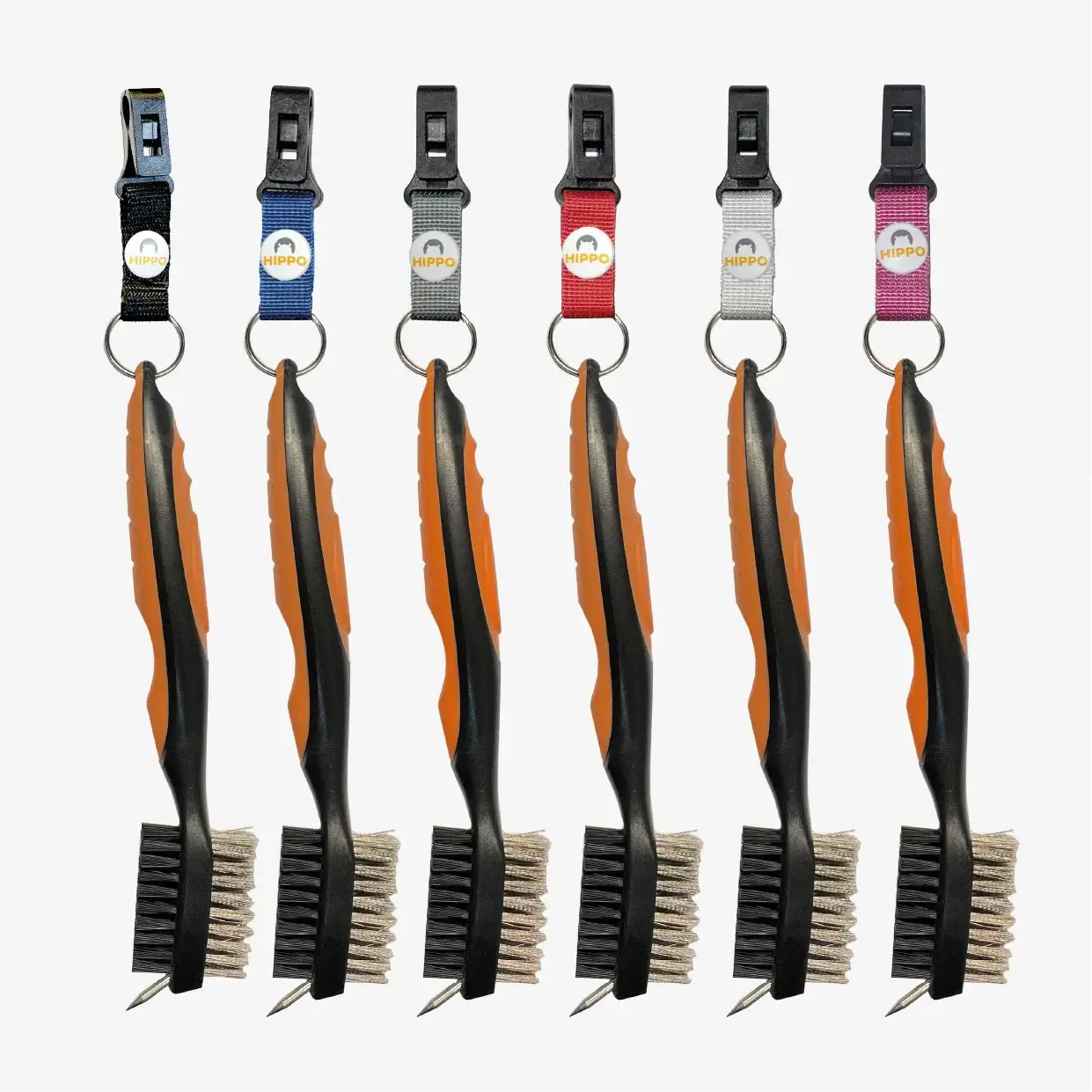 Golf club cleaning brush with quick access clip shown in multiple color options – 8183-12