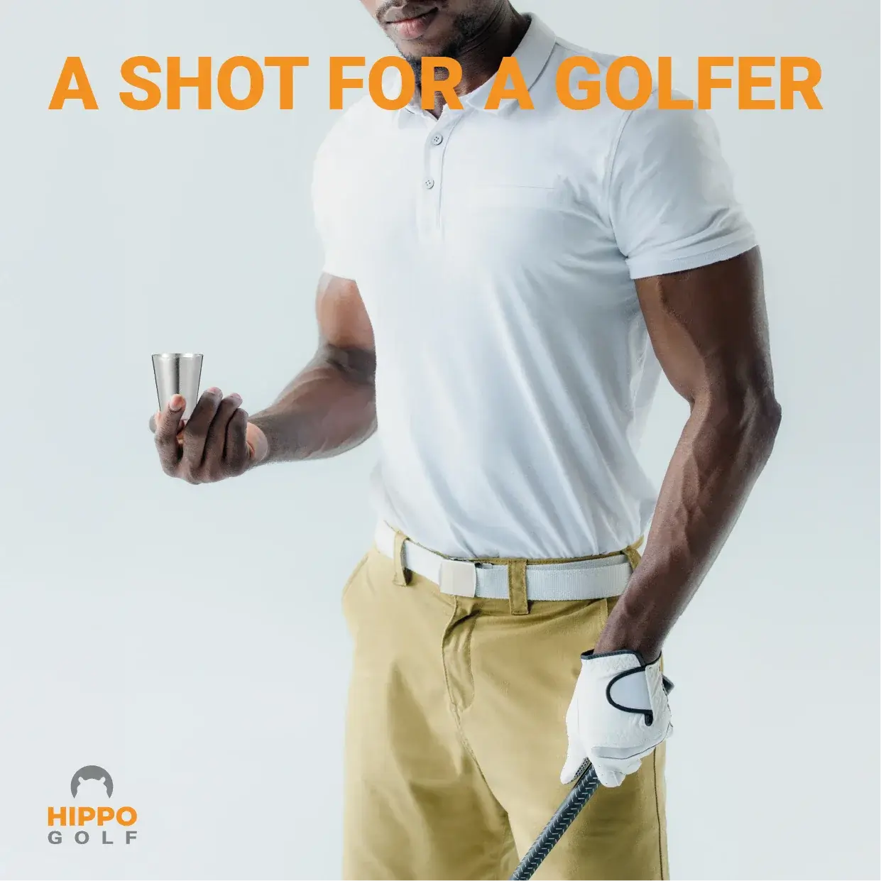 Golfer holding stainless steel shot glass designed for golf lifestyle use 8189-02
