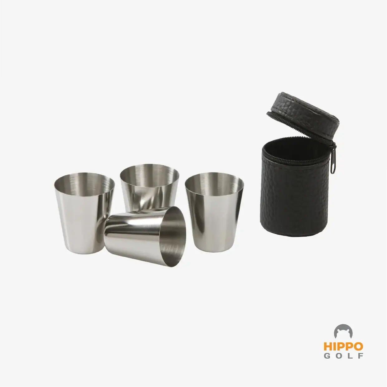 Golf shot glass size guide showing dimensions and protective carrying case 8189-07