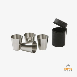 Golf shot glass size guide showing dimensions and protective carrying case 8189-07