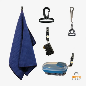 Golf towel and brush clip system shown with blue towel and accessories – 8164-10