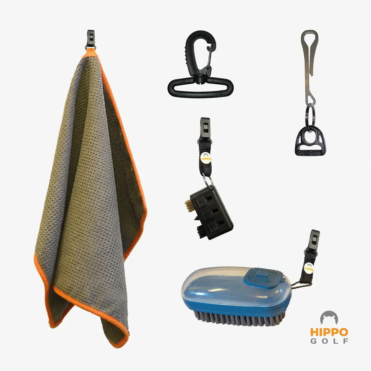 Golf towel with orange edge attached using clip system – 8164-11