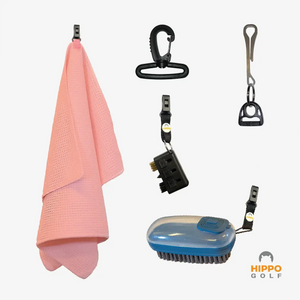 Pink golf towel attached to bag using clip system – 8164-14