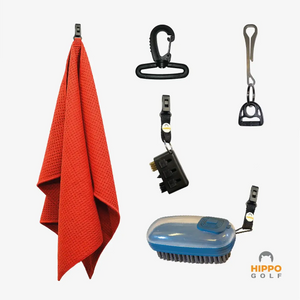 Red golf towel attached with clip system for fast access – 8164-12