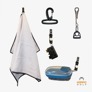 White golf towel with clip system and water brush accessory – 8164-13