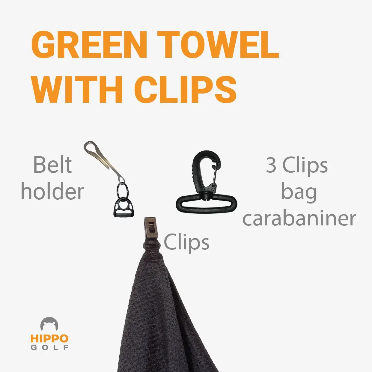 Green golf towel with clip system, belt holder and carabiner for golf bag – 8164-07