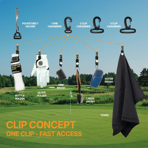 Green golf towel clip system showing multiple accessories attached to a golf bag – clip concept with fast access – 8164-01
