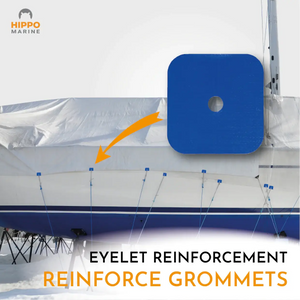 Blue grommet reinforcement tape applied on a boat tarp to strengthen eyelets and prevent tearing.