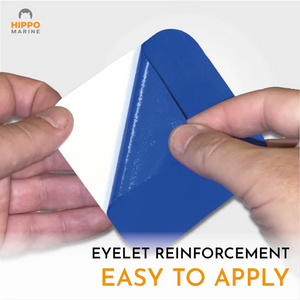 Peel-and-stick grommet reinforcement tape showing easy application on tarp surfaces.