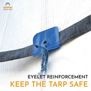 Grommet reinforcement tape keeping tarp eyelets secure and preventing stress damage.