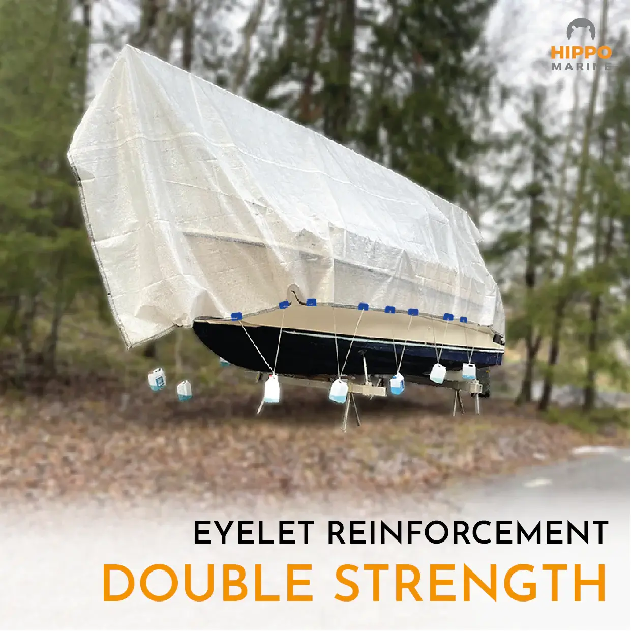 Boat winter cover secured with multiple reinforced eyelets using grommet reinforcement tape.