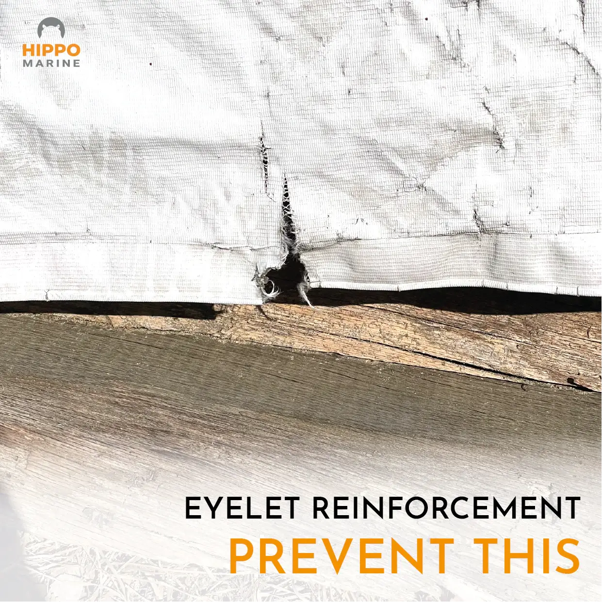 Torn tarp eyelet showing damage that grommet reinforcement tape helps prevent.
