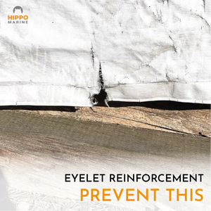Torn tarp eyelet showing damage that grommet reinforcement tape helps prevent.