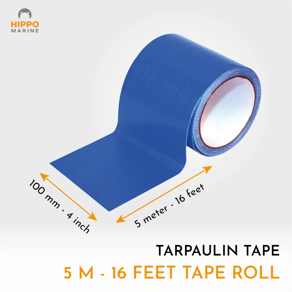 Heavy duty tarp repair tape with 5 meter length and 100 mm width shown unrolled for dimensions.