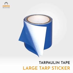 Heavy duty tarp repair tape with peel-and-stick adhesive backing for easy tarp repair.