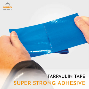 Heavy duty tarp repair tape demonstrating extra strong adhesive when pulled apart.