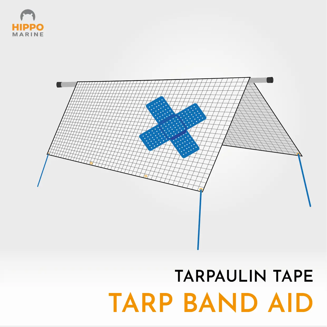 Illustration showing heavy duty tarp repair tape used as a cross patch band-aid on tarpaulin.