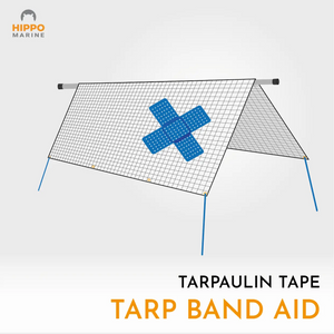 Illustration showing heavy duty tarp repair tape used as a cross patch band-aid on tarpaulin.