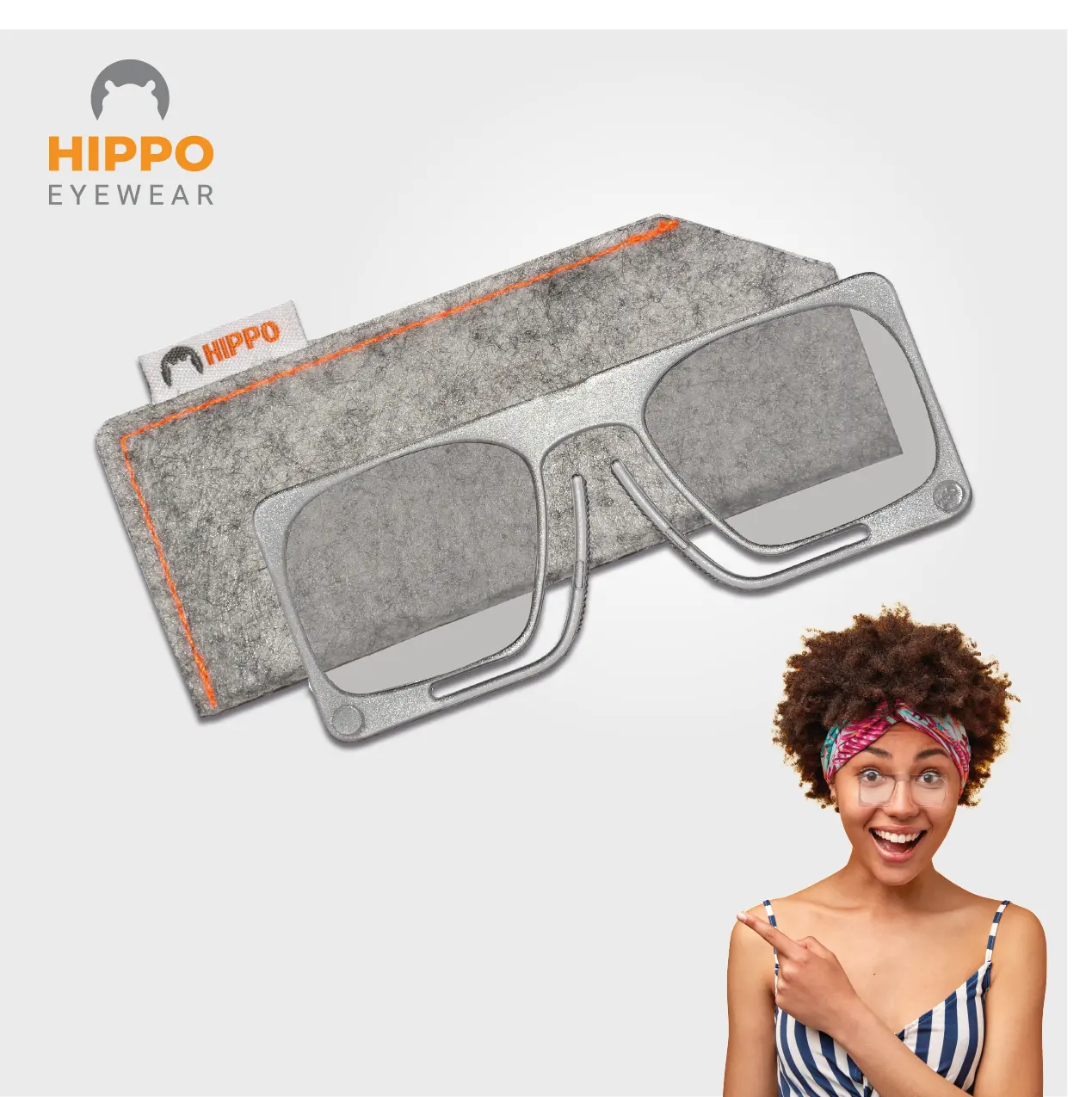 Frameless pocket reading glasses in a case, worn by a happy woman showing excitement.