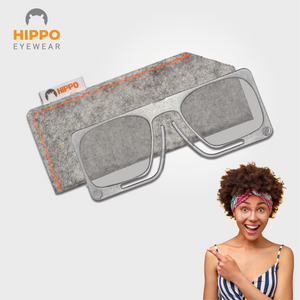 Frameless pocket reading glasses in a case, worn by a happy woman showing excitement.