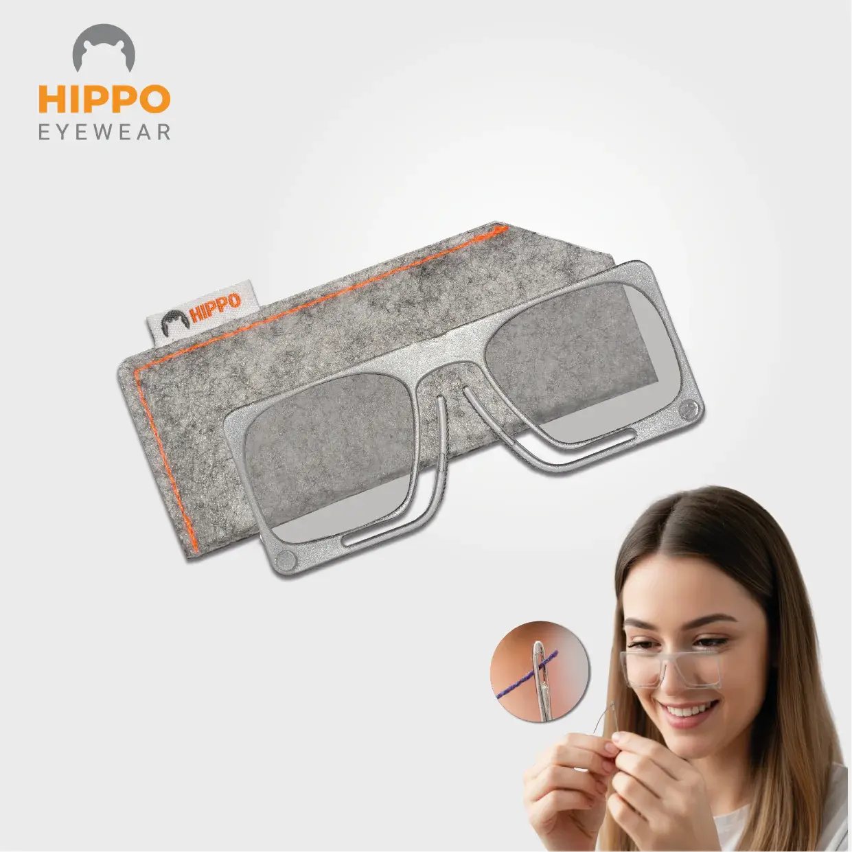 Thin-optic clip-on sewing magnifier shown with user threading a needle for detailed sewing tasks.