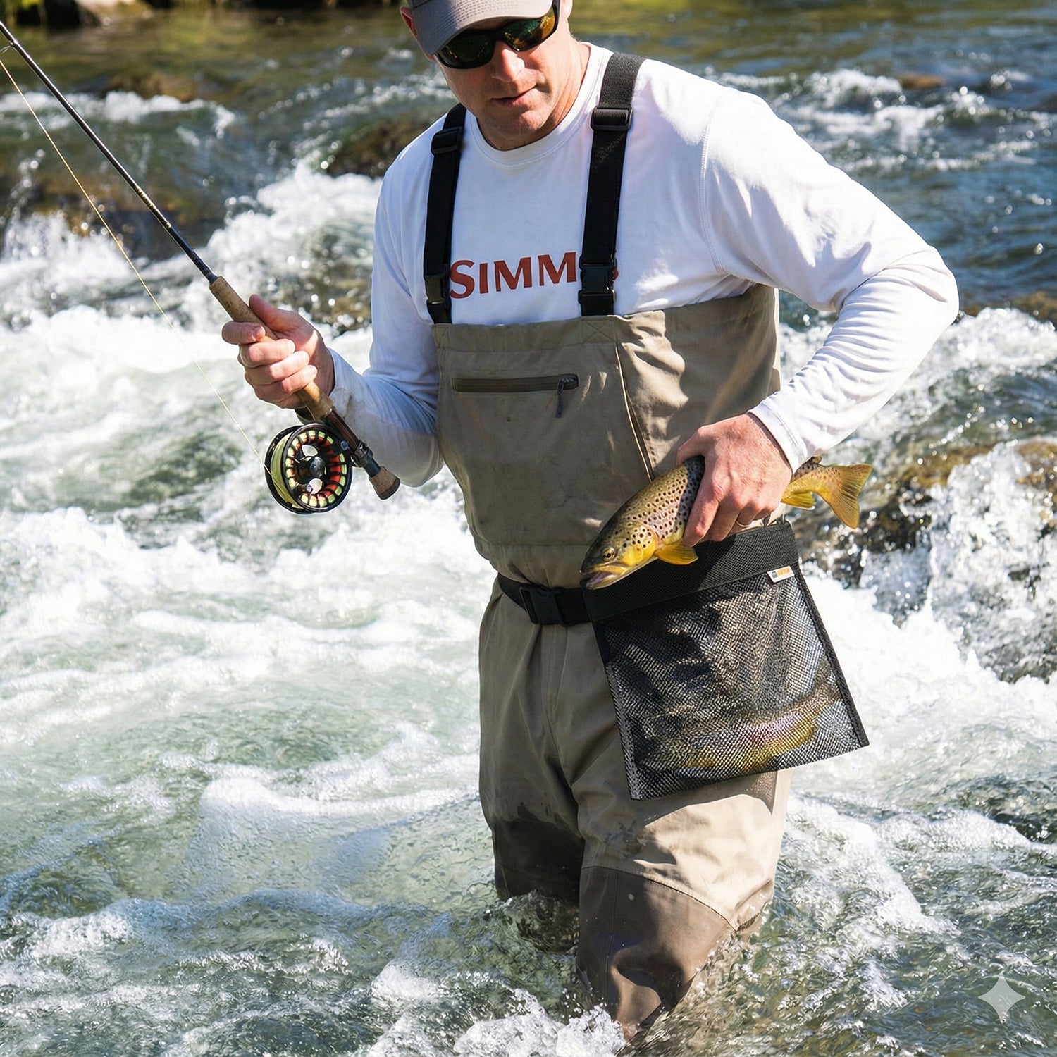 Fly fisher wading in a river using a Hippo Fishing waders catch bag to store a trout while fly fishing.