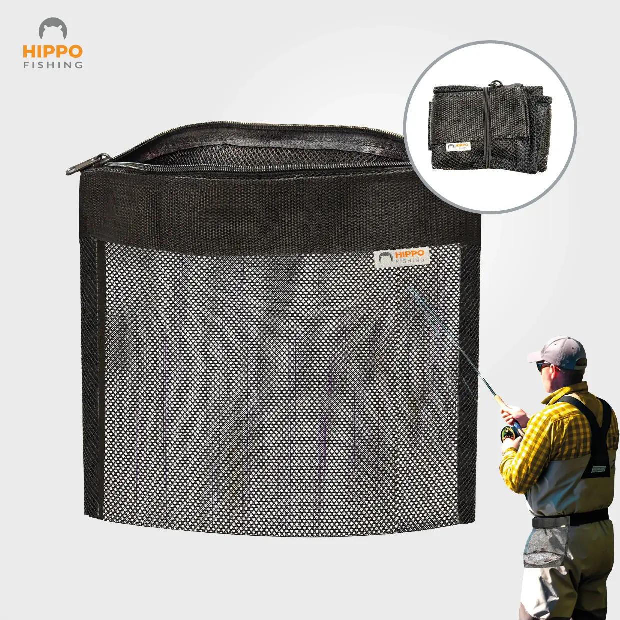 Close-up of waders catch bag mesh net with angler illustration – durable and fast-drying fish bag.
