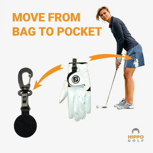 Golf glove holder moving from golf bag to pocket for fast access during play