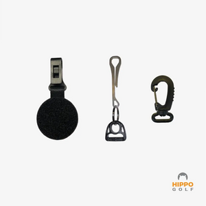 Golf glove holder components including carabiner clip, belt holder and fast access clip by Hippo Golf