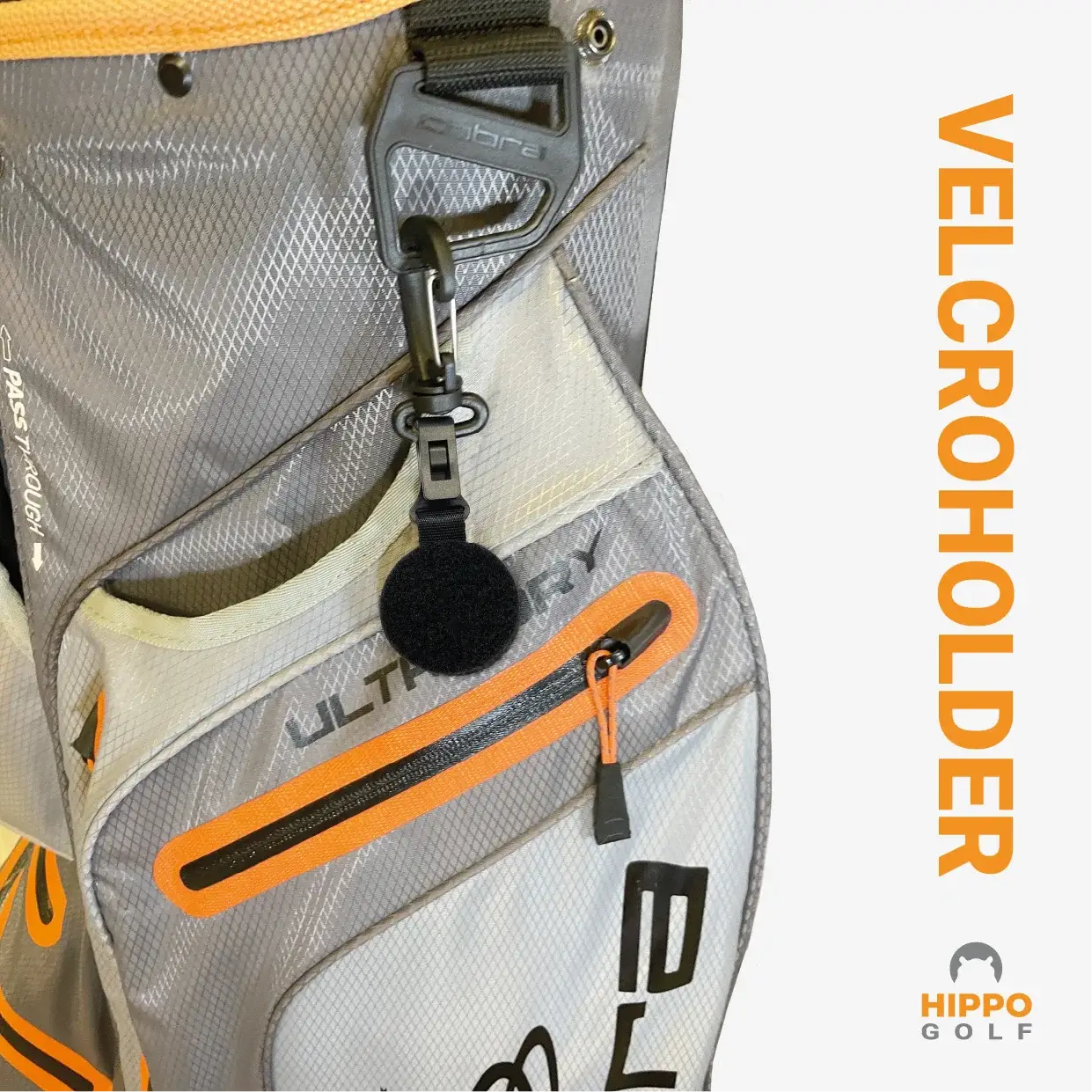 Golf glove holder attached to golf bag using carabiner clip for quick access
