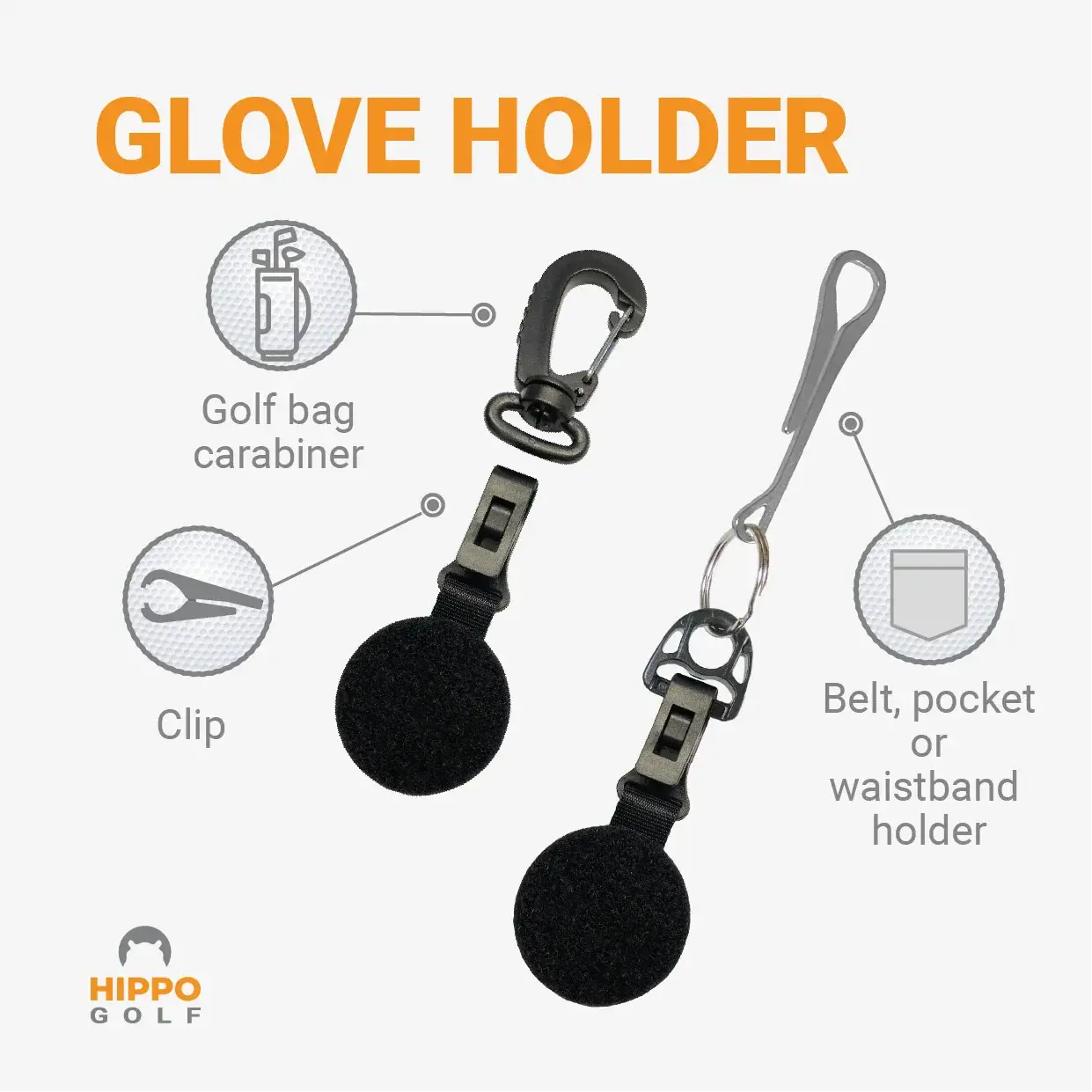 Golf glove holder with options for golf bag carabiner or belt and pocket attachment