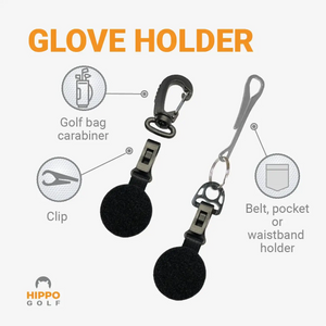 Golf glove holder with options for golf bag carabiner or belt and pocket attachment
