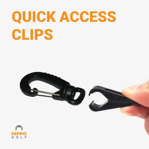 Quick access clip system for golf glove holder, easy one hand operation