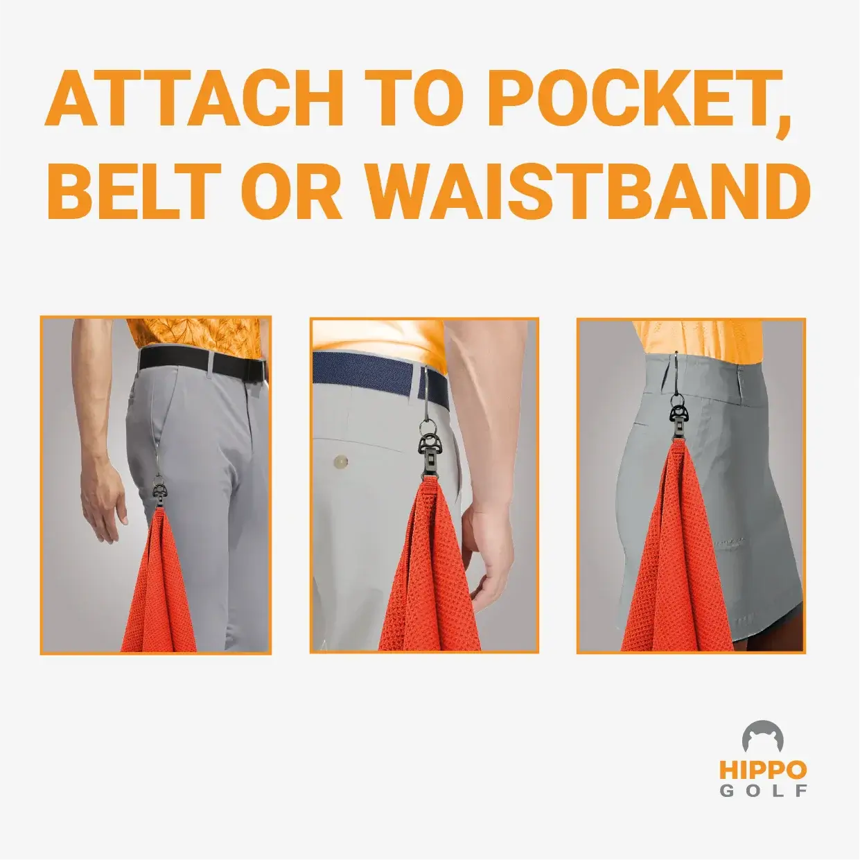 Hippo Golf towel clipped to belt, pocket or waistband – 8174-10